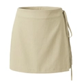 Detailansicht der khakifarbenen Wickelrockhose mit Bindegürtel und Leinenstruktur - S / Beige