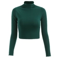 Detail van de donkergroene ribgebreide stof op een slim-fit crop top met mock-neck - S / Groen