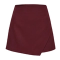 Detail view of burgundy asymmetrical wrap skort in premium faux suede with zipper closure - Burgundy