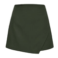 Front detail of dark green asymmetrical skort with high waist A-line wrap design - S / Army Green