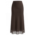 Detailed view of dark brown mesh fabric texture and hem of high-waist fishtail skirt - S / Brown