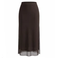 Jupe midi en tulle marron foncé à taille haute, design double couche et fente latérale - S / Marron