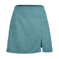 Detail view of corduroy texture and side slit design on an A-line mini skirt - S / Bottoms / Blue
