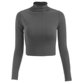 Detailweergave van de donkergrijze ribtextuur en hoge kraag op deze slanke crop top - S / Grijs