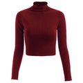 Detail van de wijnrode geribbelde gebreide stof van de slim fit crop top met lange mouwen - S / Rood