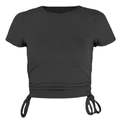 Detailed view of the ribbed fabric texture and adjustable side drawstrings on this black crop top - Black