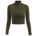 Detailopname van de legergroene ribgebreide stof van een slim fit crop top - S / Legergroen