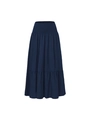 Detail view of high waisted navy smocked skirt with elastic waist and ruffled A-line hemline - Navy Blue