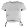 Close-up of gray short sleeve T-shirt with ribbed knit texture and side drawstring details - Gray