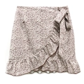 Detail of floral wrap skirt showing delicate ruffle hem and adjustable waist tie - S / Beige