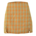 Detailansicht des orangefarbenen Minirocks mit Karomuster, hoher Taille und Seitenschlitzen - S / Orange