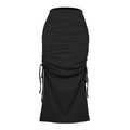 Detail of black ribbed knit skirt featuring elegant ruching and adjustable side drawstrings - S / Black