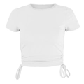 Detail of white ribbed crop top featuring adjustable side drawstrings and crew neck - White