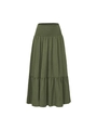 Detailed view of the dark green tiered maxi skirt featuring a smocked elastic high waist - Army Green