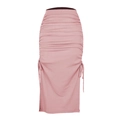 Detail of mauve ribbed high waist skirt featuring drawstring sides and ruched texture - S / Pink
