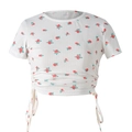 Women's floral print short sleeve crop top with drawstring waist in cream and red - S / White Red Floral