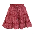Detail of red floral mini skirt featuring an elastic high waist with decorative drawstring - S / Red Dotted