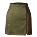 Détail de mini-jupe en daim vert foncé à taille haute avec fente latérale et texture - Vert Militaire