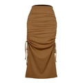 Brown ruched knit midi skirt with high waist and adjustable side drawstrings - Khaki