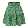 Détail de la jupe fleurie verte avec taille haute élastique et cordons de serrage - S / Vert Fleuri