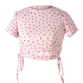 Detail of light pink floral crop top with ribbed texture and drawstring waist ties - S / Pink Floral