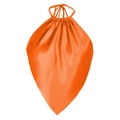 Detail showing high-gloss orange satin halter neck top with pleated neckline and silk texture - Orange