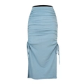 Close-up of light blue knitted midi skirt with ruched details and adjustable drawstrings - Blue