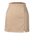 Detail view of khaki faux suede mini skirt featuring high waist and side slit design - S / Beige
