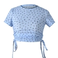 Detail of ribbed floral crop top showing drawstring ruching and light blue print pattern - S / Blue Floral