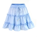 Close-up of light blue floral mini skirt showing layered ruffles and silver drawstring tips - S / Blue Polka Dots