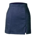 High-waisted navy blue faux suede mini skirt with panel seams and side slit detail - S / Navy Blue