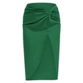 Detail of dark green satin midi skirt showing twisted knot waist and side slit design - Green