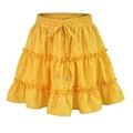 Women's summer high waist yellow floral A-line skirt with ruffle hem and drawstring - S / Yellow Dots