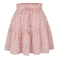 Détail de la jupe rose à fleurs à taille haute avec cordon et ourlet à volants - S / Rose Fleuri