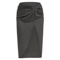 Detail eines eleganten dunkelgrauen Satin-Midirocks mit Knotendetail und Beinschlitz - S / Schwarz