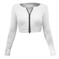 Slim fit white ribbed long sleeve crop top with front zipper for casual style - White