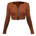 Slim-fit ribbed rust red long-sleeve crop top with front zipper closure and crew neck - Khaki