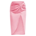 Detail of pink satin midi skirt featuring a twisted knot waist and high side slit - Pink