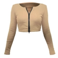 Slim fit khaki ribbed knit long sleeve top with functional front zipper closure - Beige