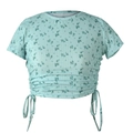 Short sleeve light blue floral crop top with ribbed texture and drawstring sides - Green Floral
