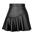 Detailed view of high waisted black PU leather mini skirt with ruffle asymmetric hemline - S / Black