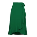 Deep green wrap skirt with high waist, tie-belt and asymmetric ruffle hem in chiffon - S / Dark Green