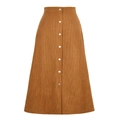 Detail view of brown corduroy midi skirt with silver metal buttons and ribbed texture - Khaki