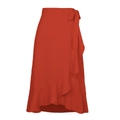 Rust red wrap skirt for women with side tie and irregular ruffled hem design - S / Red