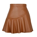 High waisted caramel brown PU leather mini skirt with ruffle trim and asymmetric hem - S / Khaki