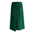 Detailed view of dark green satin skirt featuring elegant waist pleats and side slit - S / Dark Green