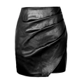 Minigonna sexy in pelle PU nera a vita alta con taglio asimmetrico e dettagli a pieghe - S / Nero