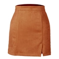 Mini-jupe taille haute en suédine marron caramel avec une fente avant élégante - Kaki