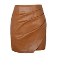 Minigonna sexy in pelle PU marrone caramello a vita alta con design incrociato - S / Marrone
