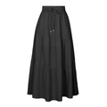 Detail of tiered black cotton linen skirt showing elastic waist and drawstring cords - S / Black